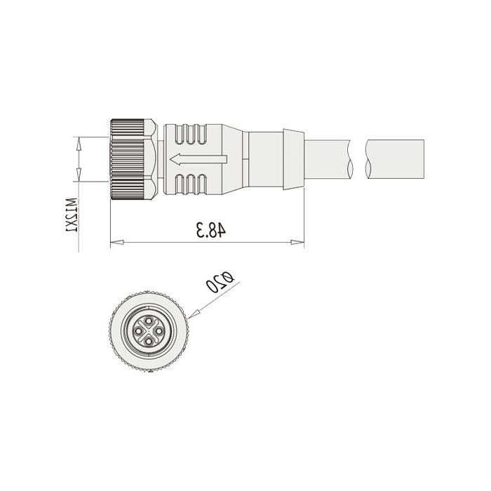 M12 4Pin S-coded、母头直型、单端预铸PVC非柔性电缆、黄色护套、64SP03-XXX